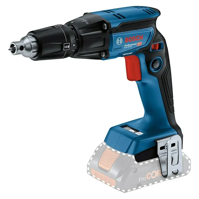 Bosch Professional AMPShare 18V Akku-Trockenbauschrauber GTB 18V-45 - 18 V, 2 Akkus, 6 Nm, Leerlaufdrehzahl 1. Gang: 0 U/min - 4.500 U/min - Ein blauer Bosch Professional Akku-Trockenbauschrauber mit rotem Auslöser und schwarzem Futter.