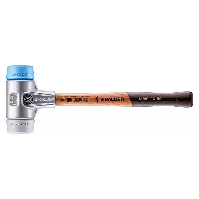 Halder Simplex Schonhammer TPE-Soft/MID - Durchmesser Kopf: 50 mm, Aluminium - Halder Simplex 50 Schonhammer mit Holzstiel, Metallgehäuse und blauen/hellen Einsätzen.