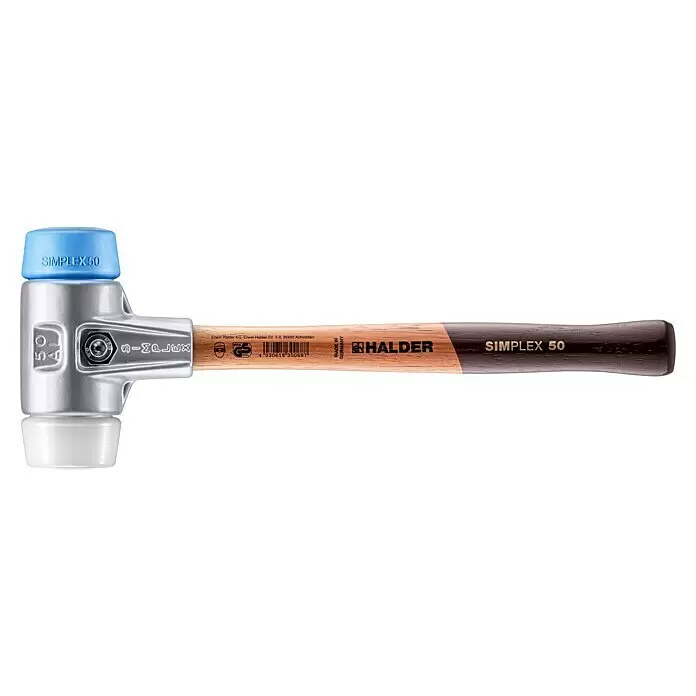 Halder Simplex Schonhammer TPE-Soft / Superplasik - Durchmesser Kopf: 50 mm, Aluminium - Halder Simplex 50 Schonhammer mit blauen und weißen Kunststoffeinsätzen, Metallgehäuse und zweifarbigem Holzgriff.