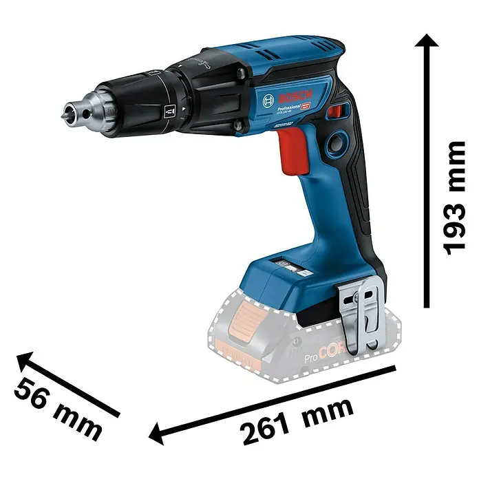 Bosch Professional AMPShare 18V Akku-Trockenbauschrauber GTB 18V-45 - 18 V, 2 Akkus, 6 Nm, Leerlaufdrehzahl 1. Gang: 0 U/min - 4.500 U/min - Abbildung des Bosch Professional Trockenbauschraubers GTB 18V-45, einem leistungsstarken Werkzeug für Trockenbauarbeiten.
