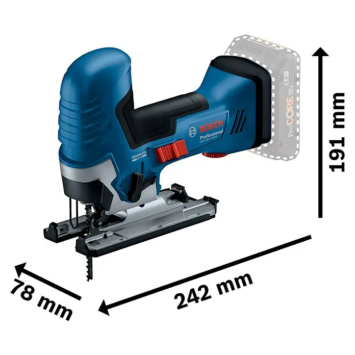 Bosch Professional AMPShare 18V Akku-Stichsäge GST 18V-125 S - 18 V, Ohne Akku, Leerlaufhubzahl: 500 /min - 3.500 /min - Das Bild zeigt eine blaue Akku-Stichsäge von Bosch mit den Maßen 78 mm, 242 mm und 191 mm.