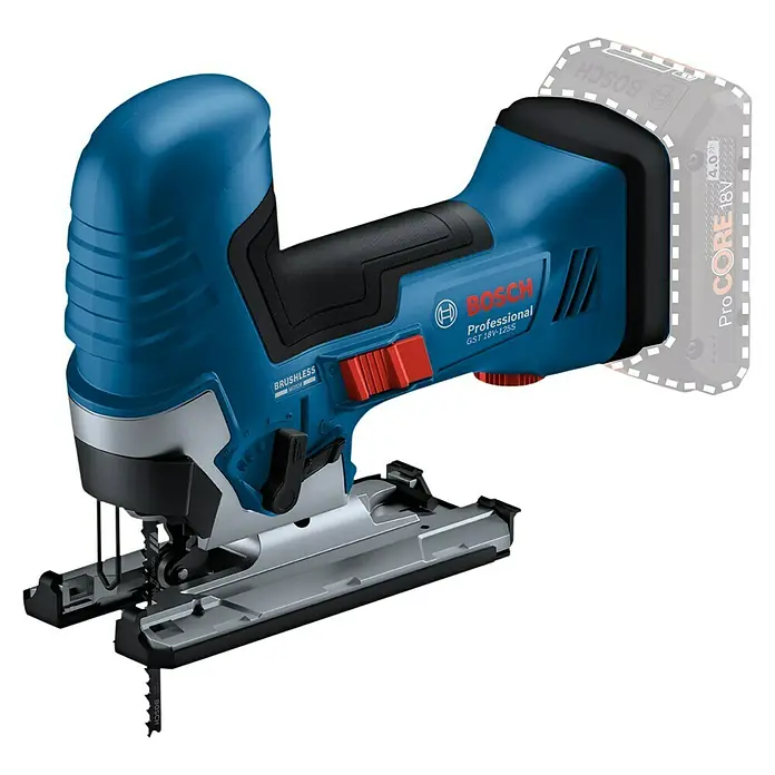Bosch Professional AMPShare 18V Akku-Stichsäge GST 18V-125 S - 18 V, Ohne Akku, Leerlaufhubzahl: 500 /min - 3.500 /min - Eine blaue Akku-Stichsäge von Bosch Professional GST 18V-125 S mit einer angedeuteten Batterie. Leistungsstark und präzise für professionelle Anwendungen.