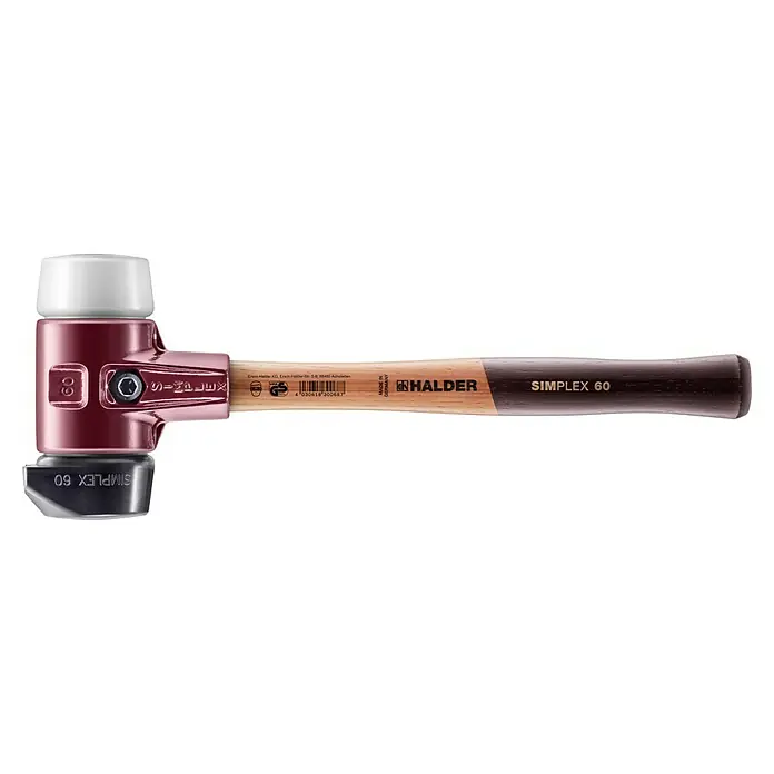 Halder Simplex Schonhammer Superplastik mit Standfuß - Durchmesser Kopf: 60 mm, Kurzstiel - Abbildung eines Halder SIMPLEX 60 Schonhammers mit rotem Gehäuse, weißen und grauen Schlagflächen und einem Holzgriff.