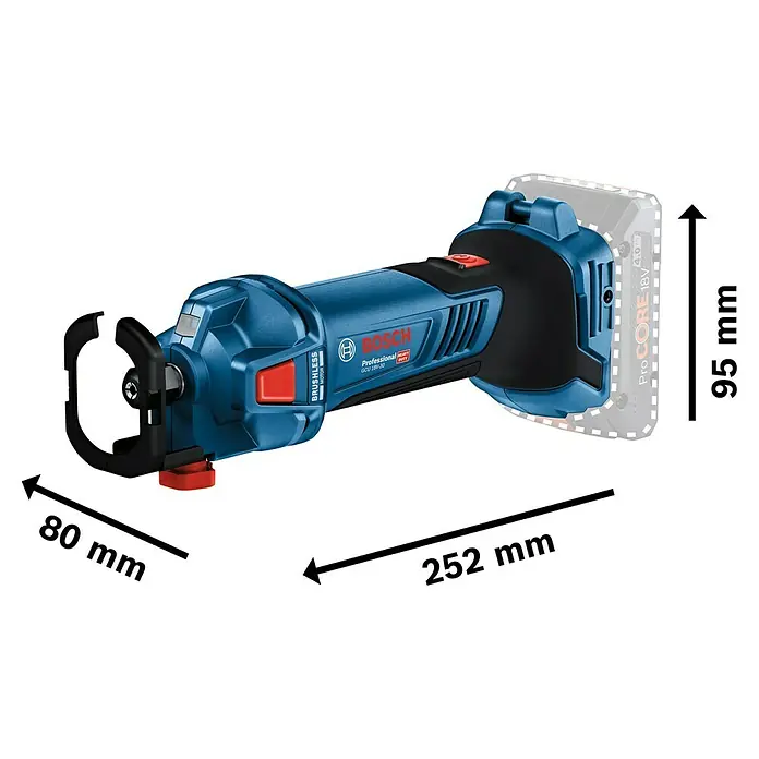 Bosch Professional AMPShare 18V Akku-Rotationswerkzeug GCU 18V-30 L - Ohne Akku, 18 V - Abbildung der Bosch GCO 18V-30 Akku-Metalltrennschleifer, die die Abmessungen von 80 mm Breite, 95 mm Höhe und 252 mm Länge zeigt.