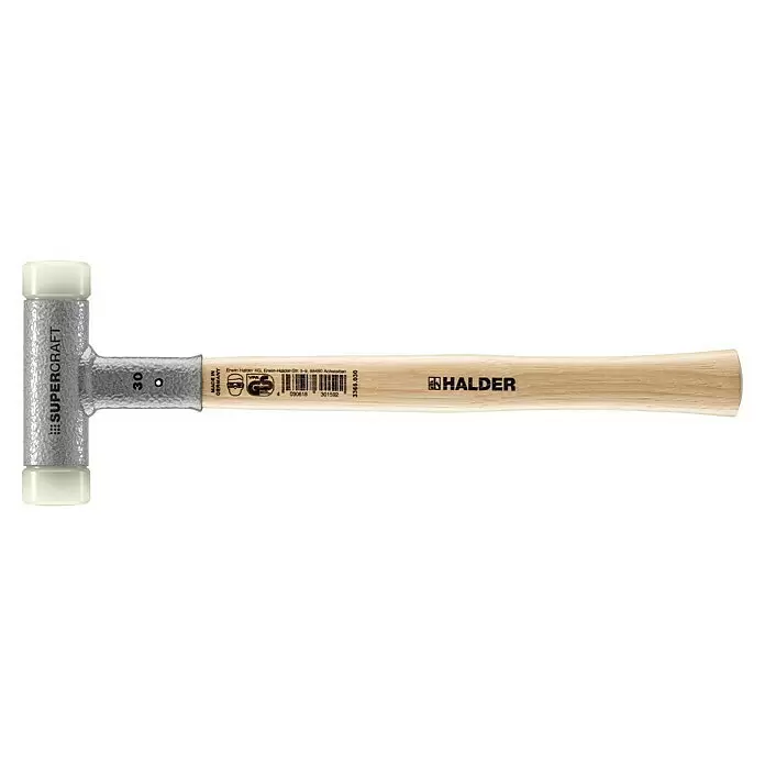 Halder Supercraft Schonhammer - Durchmesser Kopf: 32 mm, Holz - Halder SUPERCRAFT Schonhammer: 30mm silbergrauer Kopf, heller Holzstiel, cremefarbene Kunststoffflächen.