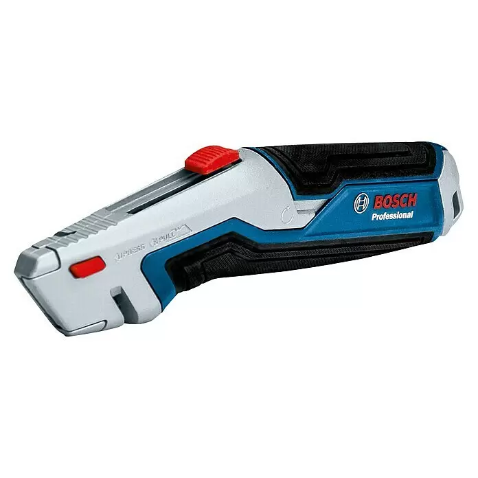 Bosch Professional Cuttermesser - 4 -tlg., Trapezklinge - Bosch Professional Cuttermesser mit blauem, schwarzem und silbernem Gehäuse, rotem Schieber für einziehbare Klinge.