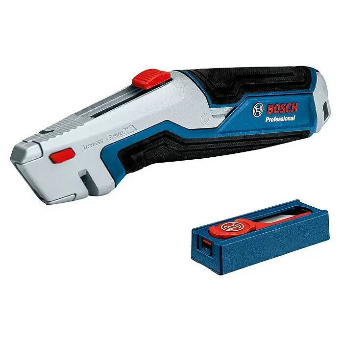 Bosch Professional Cuttermesser - 11 -tlg., Trapezklinge - Bosch Professional Cuttermesser mit blauem, schwarzem und silbernem Gehäuse, roten Akzenten und separater blauer Klingenbox.
