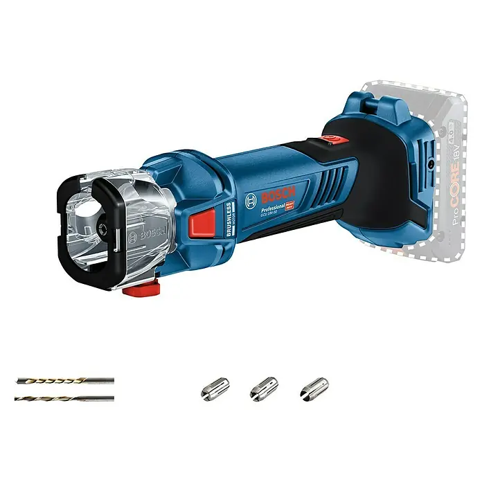 Bosch Professional AMPShare 18V Akku-Rotationswerkzeug GCU 18V-30 L - Ohne Akku, 18 V - Akku-Trockenbauschneider GCU 18V-30 von Bosch Professional mit Zubehör, ideal zum flexiblen und staubfreien Schneiden in Trockenbauwänden.
