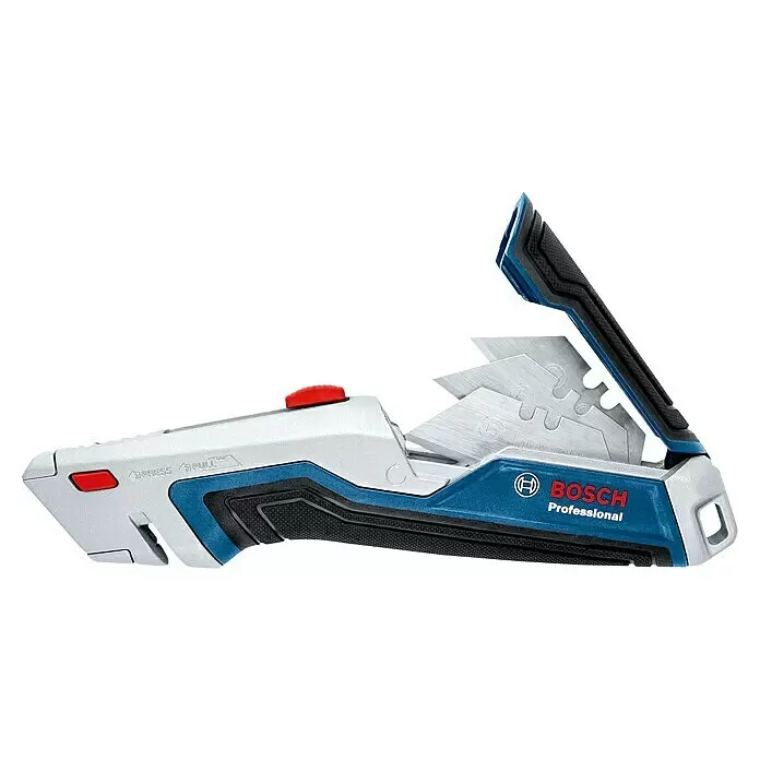 Bosch Professional Cuttermesser - 4 -tlg., Trapezklinge - Bosch Professional Cuttermesser in Silber, Blau und Schwarz mit rotem Knopf, inklusive sichtbarer Ersatzklingen.