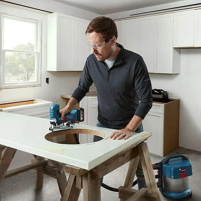 Bosch Professional AMPShare 18V Akku-Stichsäge GST 18V-125 S - 18 V, Ohne Akku, Leerlaufhubzahl: 500 /min - 3.500 /min - Ein Mann schneidet mit einer Bosch Akku-Stichsäge ein Loch in eine Arbeitsplatte. Die blaue Stichsäge mit Akku sorgt für präzise Schnitte.