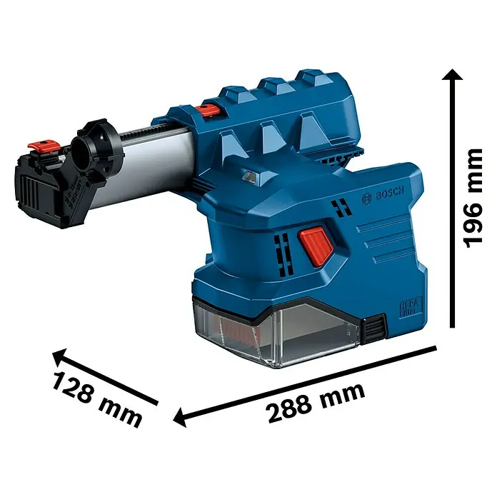Bosch Professional Staubabsaugung GDE 18V-12 - Passend für: Bosch Professional Bohrhammer GBH 18V-22 - Abbildung eines Bosch-Bohrstaubabsaugers mit den Maßen 128 mm x 288 mm x 196 mm zur Staubabsaugung beim Bohren.