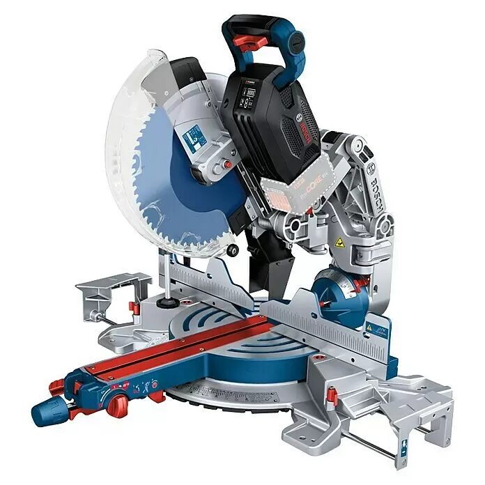 Bosch Professional AMPShare 18V Akku-Kapp- & Gehrungssäge GCM 18V-305 GDC Biturbo - 18 V, Ohne Akku, 2.550 U/min - 4.000 U/min - Bosch Akku-Kapp- und Gehrungssäge in Blau, Schwarz und Silber. Mit großem Sägeblatt, Griff und ProCORE 18V Akku für präzise Winkelschnitte.