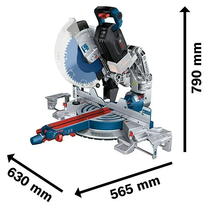Bosch Professional AMPShare 18V Akku-Kapp- & Gehrungssäge GCM 18V-305 GDC Biturbo - 18 V, Ohne Akku, 2.550 U/min - 4.000 U/min - Eine leistungsstarke Bosch Akku-Kappsäge in Blau und Silber mit roten Akzenten, ausgestattet mit einem großen Sägeblatt und einer stabilen Basis.