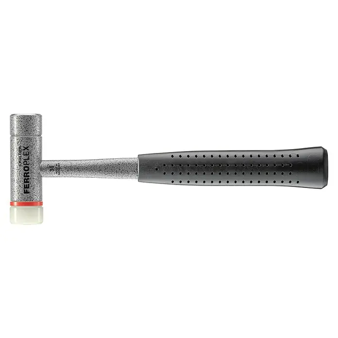 Halder Schlosserhammer Ferroplex - Gewicht Kopf: 600 g, Stahlrohr, Durchmesser Kopf: 30 mm - Der Halder Ferropflex Schonhammer mit weißen Schlagflächen und ergonomischem Griff mit Löchern.