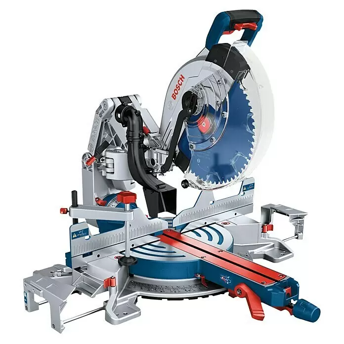 Bosch Professional AMPShare 18V Akku-Kapp- & Gehrungssäge GCM 18V-305 GDC Biturbo - 18 V, Ohne Akku, 2.550 U/min - 4.000 U/min - Eine silber-blaue Bosch Kappsäge mit großem blauem Sägeblatt und transparentem Schutz, roten Akzenten und schwarzem Griff, bereit für präzise Schnitte.
