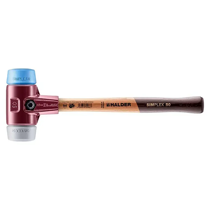 Halder Simplex Schonhammer - Durchmesser Kopf: 50 mm - Simplex Schonhammer 50 von Halder. Der Hammer hat einen Holzgriff, einen Kopf aus Stahlguss und blaue und graue Schlageinsätze.