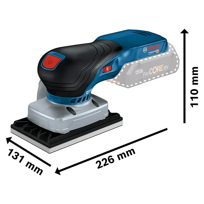 Bosch Professional AMPShare 18V Akku-Schwingschleifer GSS 18V-13 - 18 V, Ohne Akku, Leerlaufschwingzahl: 12.000 U/min - 20.000 U/min - Abbildung eines Bosch Professional Akku-Flächenschleifers GSS 18V-13 mit den Maßen 110 mm Höhe, 131 mm Breite und 226 mm Länge.