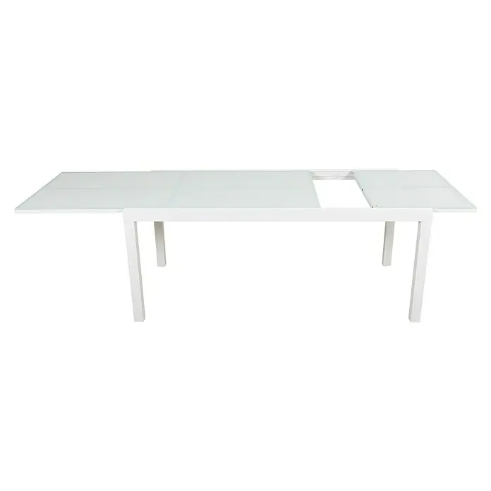 Mesa de jardín extensible Paris - L x An x Al: 180 x 90 x 75 cm, Aluminio/Vidrio, Blanco - Aquí hay una mesa de comedor blanca con una tapa extensible. La tapa está hecha de vidrio y tiene un aspecto elegante.