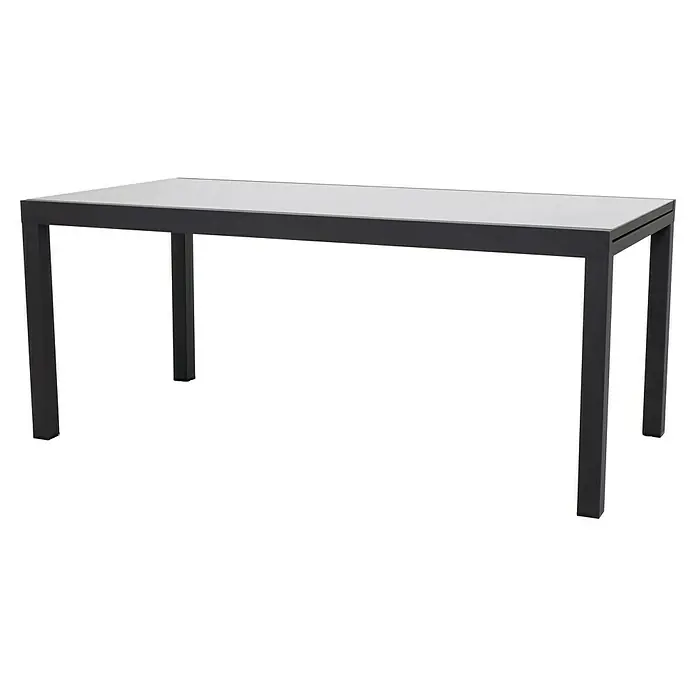 Mesa de jardín extensible Paris - L x An x Al: 180 x 90 x 75 cm, Aluminio/Vidrio, Negro - Una mesa de comedor moderna con una tapa clara y una estructura oscura. El diseño es simple y elegante.