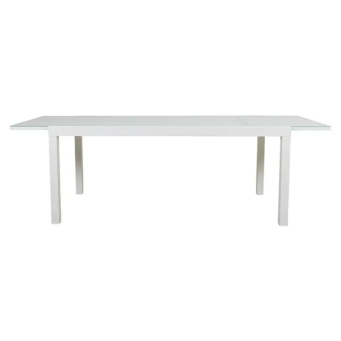 Mesa de jardín extensible Paris - L x An x Al: 180 x 90 x 75 cm, Aluminio/Vidrio, Blanco - Elegante mesa de comedor blanca con tapa de vidrio. Su diseño limpio se integra en comedores contemporáneos, ofreciendo espacio para familia.