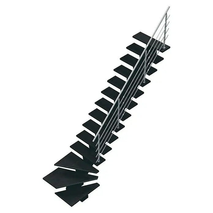 Sogem Escalera principal Gomera con barandilla - Valchromat® acabado óleo, Ancho: 85 cm, 1/4 espiral derecha, Altura de planta: 285,2 cm - Una escalera moderna con escalones negros y una elegante barandilla de acero inoxidable, ideal para un interior contemporáneo.