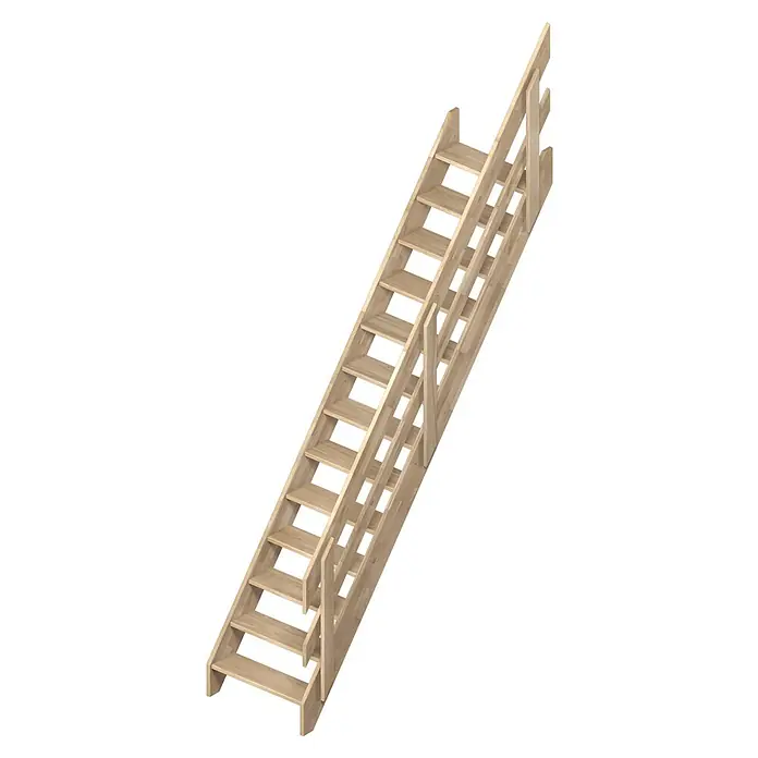 Sogem Escalera principal Ardennes - Roble, Ancho: 70 cm, Recto, Altura de planta: 285 cm, Con barandilla - Una escalera de madera que ahorra espacio con pasamanos y recortes debajo de los escalones, aislada sobre un fondo negro.