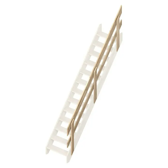 Sogem Escalera principal Ardennes - Roble, Ancho: 70 cm, Recto, Altura de planta: 285 cm, Con barandilla - Escalera de madera con barandilla sobre un fondo negro. La escalera es clara y bien visible.
