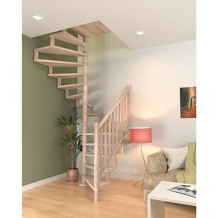 Sogem Escalera de caracol Square Luxe - Diámetro: 140 cm, Color peldaños: Haya, Altura de planta: 300 cm, Con barandilla - Escalera de caracol de madera con peldaños claros y barandilla en un espacio moderno.