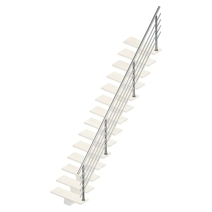 Sogem Escalera principal Kalea - Sioux White, Ancho: 85 cm, Gris, Recto, Altura de planta: 285,2 cm, Con barandilla - Escalera moderna con peldaños de madera y barandillas de acero inoxidable. El diseño combina materiales naturales con metal moderno para un aspecto elegante.
