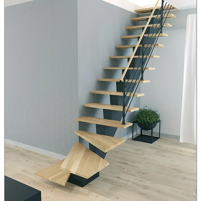 Sogem Escalera principal Gomera con barandilla - Haya, Ancho: 85 cm, 1/4 espiral izquierda, Negro, Altura de planta: 285,2 cm - Una escalera moderna con escalones de madera clara y una barandilla oscura se integra perfectamente en la habitación, destilando elegancia.