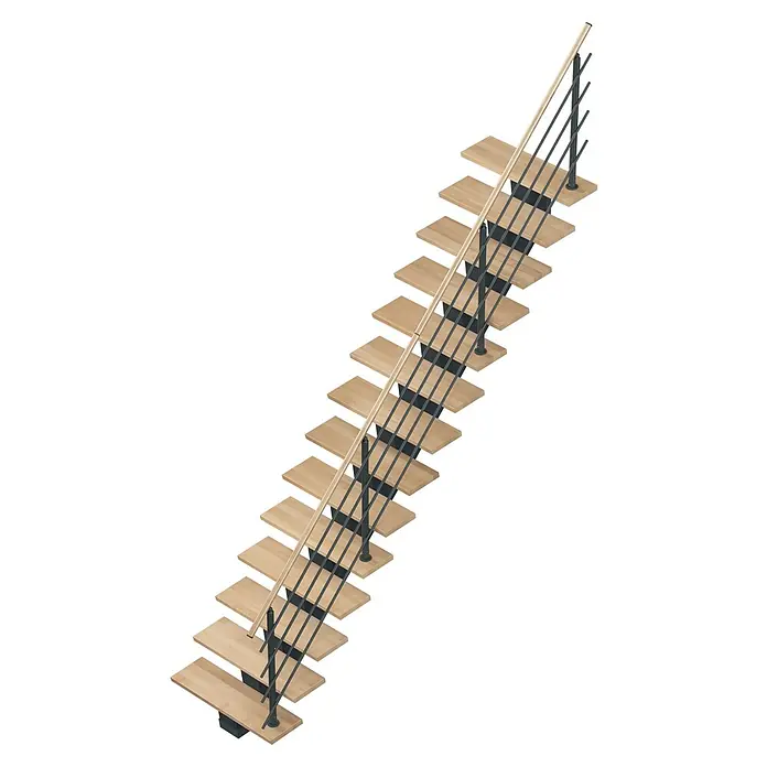 Sogem Escalera principal Gomera con barandilla - Haya, Ancho: 85 cm, Recto, Altura de planta: 285,2 cm - Escalera moderna con peldaños de madera y barandilla negra, que combina un diseño elegante con seguridad funcional. Ideal para espacios elegantes.