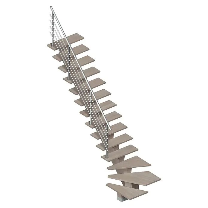 Sogem Escalera principal Kalea - Apache Grey, Ancho: 85 cm, Gris, 1/4 espiral izquierda, Altura de planta: 285,2 cm, Con barandilla - Escalera moderna con barandilla de acero inoxidable y peldaños de madera. Una adición elegante a cualquier hogar.