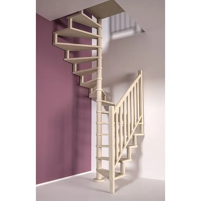 Sogem Escalera de caracol Square Wood - Diámetro: 120 cm, Color peldaños: Abeto, Altura de planta: 300 cm, Con barandilla - Una elegante escalera de caracol hecha de madera clara, que asciende en forma de hélice, mostrando su diseño minimalista.