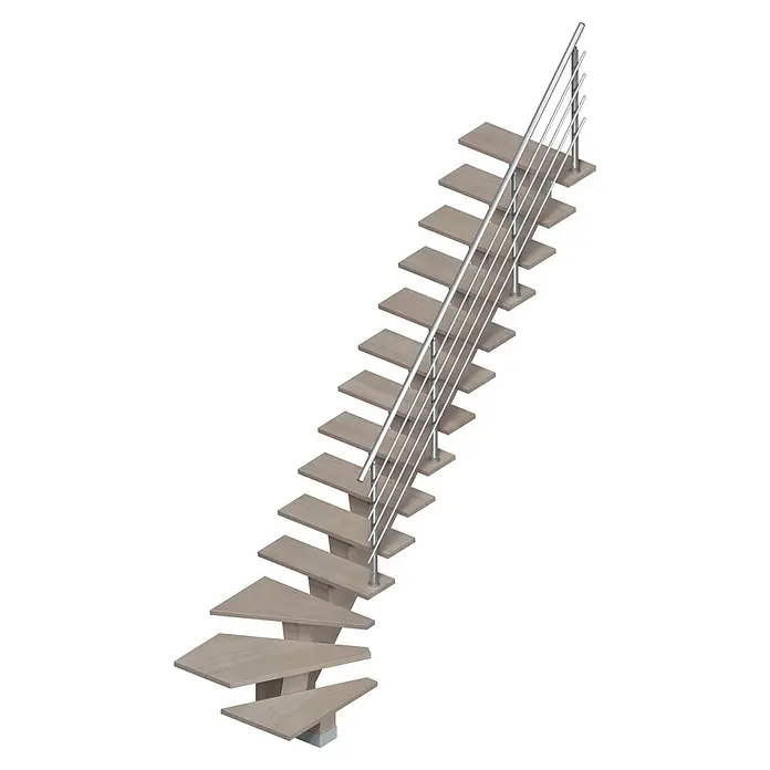 Sogem Escalera principal Kalea - Apache Grey, Ancho: 85 cm, Gris, 1/4 espiral derecha, Altura de planta: 285,2 cm, Con barandilla - Elegante escalera con escalones de madera y barandilla plateada. Esta moderna escalera atrae todas las miradas en cualquier habitación.