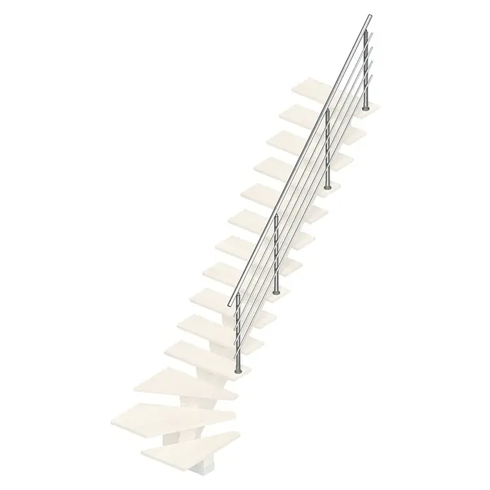 Sogem Escalera principal Kalea - Sioux White, Ancho: 85 cm, Gris, 1/4 espiral derecha, Altura de planta: 285,2 cm, Con barandilla - Vista detallada de una moderna escalera de madera con barandilla de acero inoxidable sobre un fondo negro neutro.