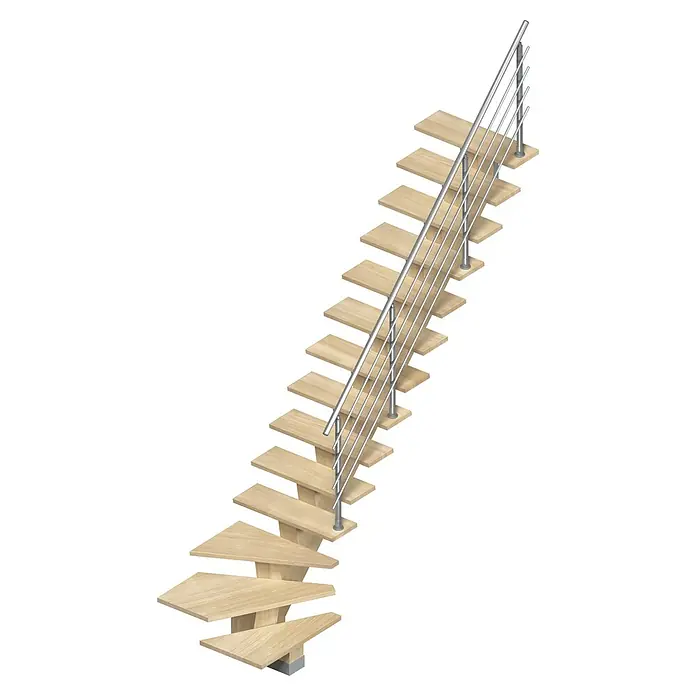 Sogem Escalera principal Kalea - Sioux White, Ancho: 85 cm, Gris, 1/4 espiral derecha, Altura de planta: 285,2 cm, Con barandilla - Una escalera moderna con peldaños de madera y una barandilla de acero inoxidable. Diseño elegante para interiores.