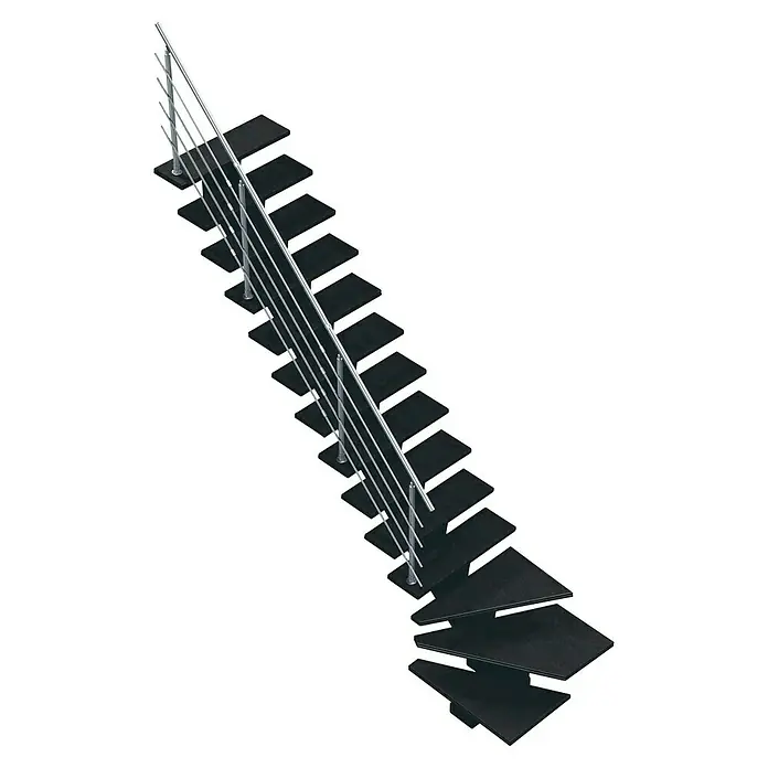 Sogem Escalera principal Gomera con barandilla - Valchromat® acabado óleo, Ancho: 85 cm, 1/4 espiral izquierda, Gris, Altura de planta: 285,2 cm - Escalera negra con barandilla de acero inoxidable.