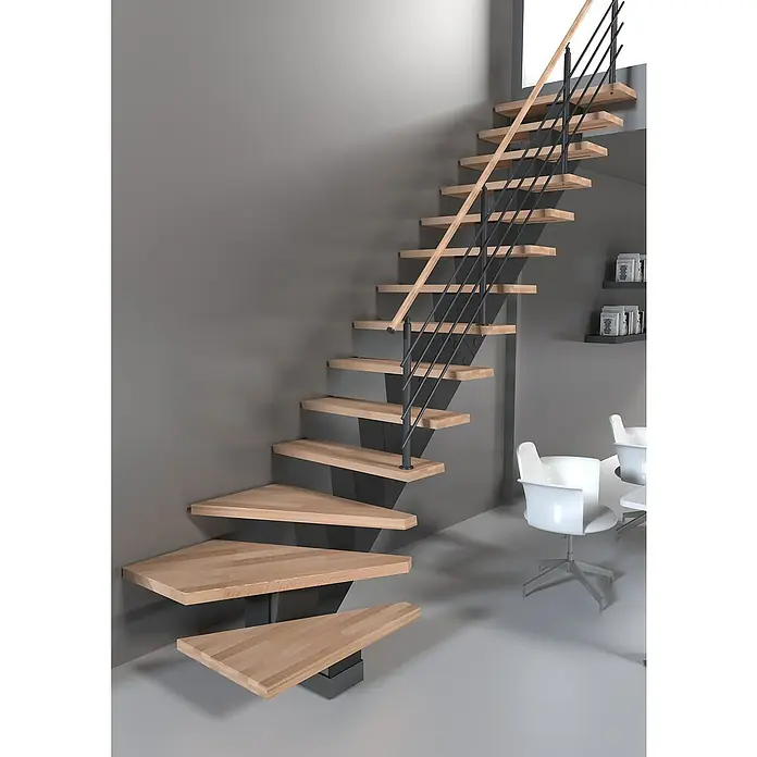 Sogem Escalera principal Gomera con barandilla - Haya, Ancho: 85 cm, 1/4 espiral derecha, Altura de planta: 285,2 cm - Escalera moderna con peldaños de madera y barandilla negra. La escalera es voladiza y llamativa en cualquier sitio.
