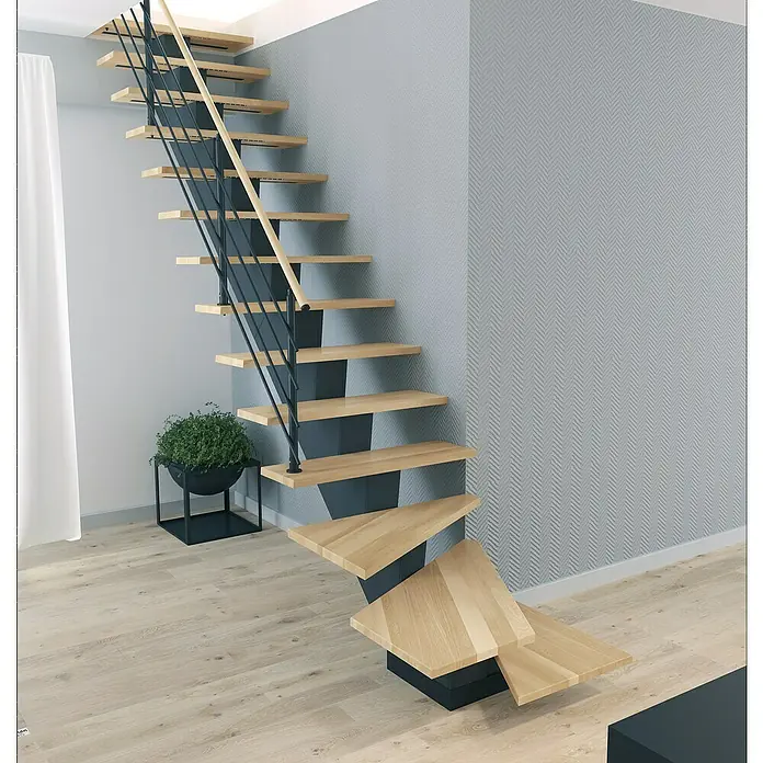 Sogem Escalera principal Gomera con barandilla - Haya, Ancho: 85 cm, 1/4 espiral derecha, Altura de planta: 285,2 cm - Elegante escalera con peldaños de madera y barandilla negra, que crea un ambiente moderno y elegante en cualquier habitación.