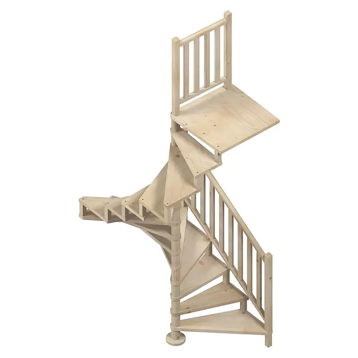 Sogem Escalera de caracol Square Wood - Diámetro: 120 cm, Color peldaños: Abeto, Altura de planta: 300 cm, Con barandilla - Imagen de una escalera de caracol de madera con barandilla y una pequeña plataforma en la parte superior. La madera es clara y sin terminar.