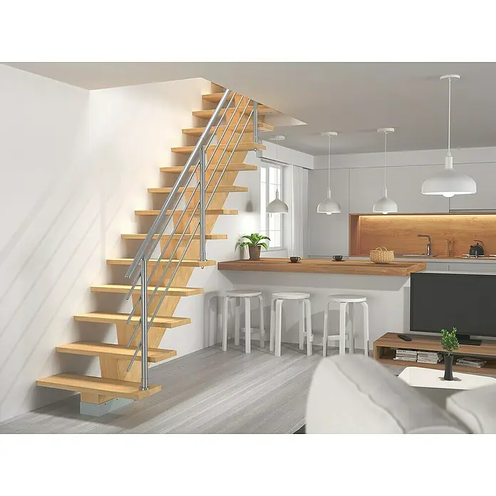 Sogem Escalera principal Kalea - Comanche Pure, Ancho: 85 cm, Gris, Recto, Altura de planta: 285,2 cm, Con barandilla - Escalera de madera clara con barandas de metal en un espacio habitable de diseño moderno que incluye cocina y sala de estar.