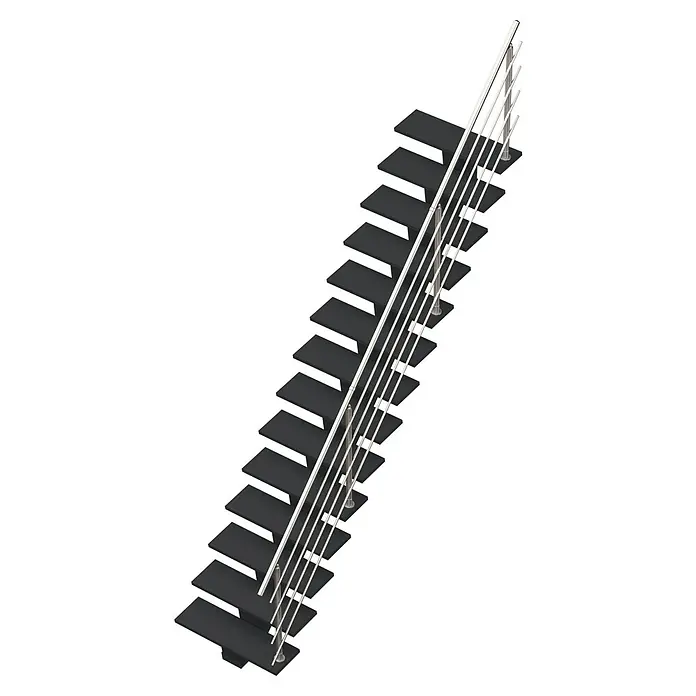Sogem Escalera principal Gomera con barandilla - Valchromat® acabado óleo, Ancho: 85 cm, Recto, Altura de planta: 285,2 cm - Escalera negra con barandillas de acero inoxidable. Un diseño elegante para interiores modernos que combina estilo y funcionalidad.