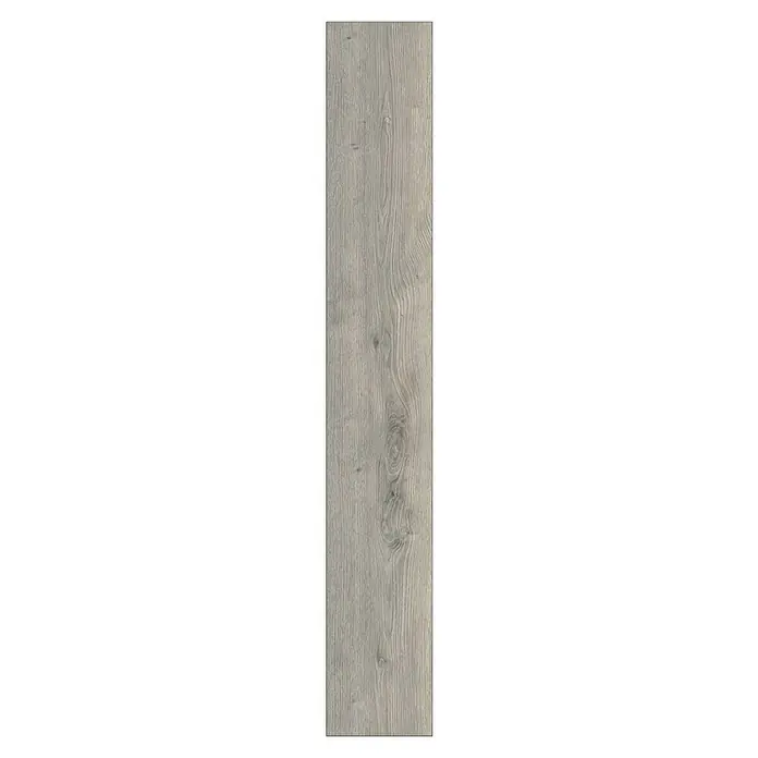LOGOCLIC Aquaprotect Smart Silent Laminat - Lombok Oak, Landhausdiele, 1.288 x 195 x 7 mm - Ein einzelnes Brett mit natürlicher Holzmaserung in einem hellen Grauton, perfekt für stilvolle Bodenbeläge.