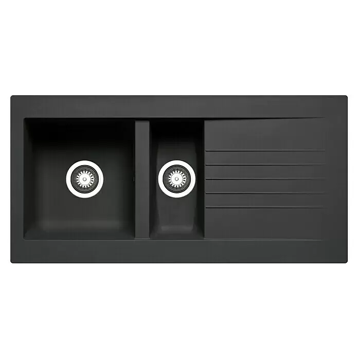 Pyramis Einbauspüle Siroko - 100 x 50 cm, Schwarz - Schwarzes Doppelspülbecken aus Verbundmaterial mit Abtropffläche und zwei Siebeinsätzen.