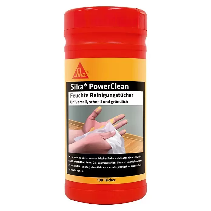 Sika Feuchte Reinigungstücher Power Clean - 100 Stk. - Roter und oranger Sika PowerClean Feuchttuchspender zum Entfernen von Farbe, Fett u.v.m. Enthält 100 Tücher.