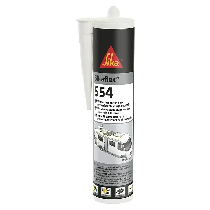 Sika Montagekleber Sikaflex 554 - 300 ml, Schwarz - Abbildung einer Kartusche Sikaflex 554, einem witterungsbeständigen und primerlosen Montageklebstoff für vielfältige Anwendungen.