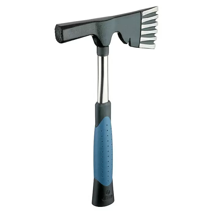 Picard Zahnbeil RS - Gewicht Kopf: 600 g, Stahl - Dunkelgrauer Maurerhammer mit geriffelter Schlagfläche, gezahntem Meißelrand, silbernem Schaft und blau-schwarzem Ergonomiegriff.