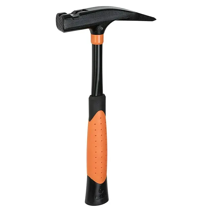 Picard Latthammer BlackGiant® - Gewicht Kopf: 600 g, Spezialstahl - Ein schwarzer und orangefarbener Latthammer auf schwarzem Hintergrund. Der Hammer hat einen Griff mit Löchern und ist von Picard.