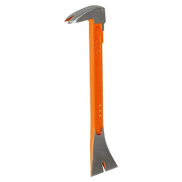 Picard Präzisionseisen BlackGiant Utility-Bar® - 250 x 50 mm, Gewicht Kopf: 296 g, Stahl - Nahaufnahme eines orangefarbenen Brecheisens mit Stahlklingen, ideal für Bau- und Abbrucharbeiten. Das Werkzeug ist robust und langlebig.