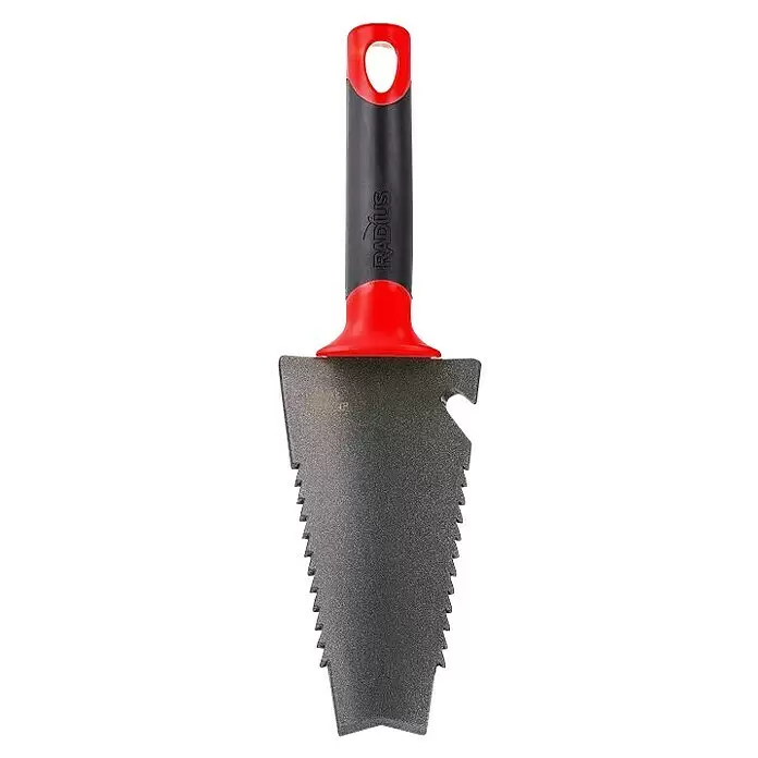 Root Slayer Hand-Blumenkelle - Breite: 9 cm, Stahl, Ergonomischer Stiel - Mehrzweck-Gartenmesser mit gezackter, dunkelgrauer Metallklinge, gerader Kante und rot-schwarzem ergonomischem Griff.